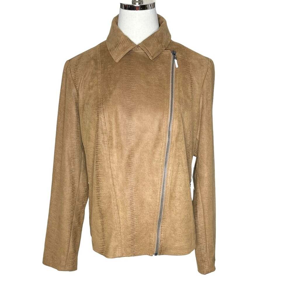 Chico’s Size 2(12/14) Faux Suede Collared Moto Jacket Zip Pockets and Sleeve NWT